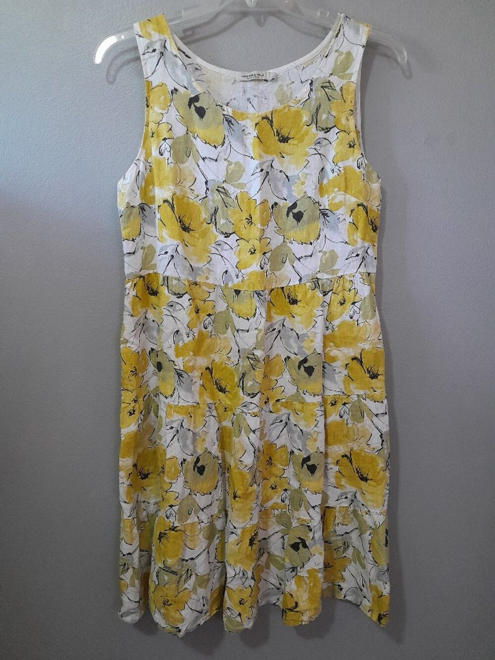 Valentina Naldi Yellow Floral Sleeveless Tiered Dress Linen Made in Italy Large